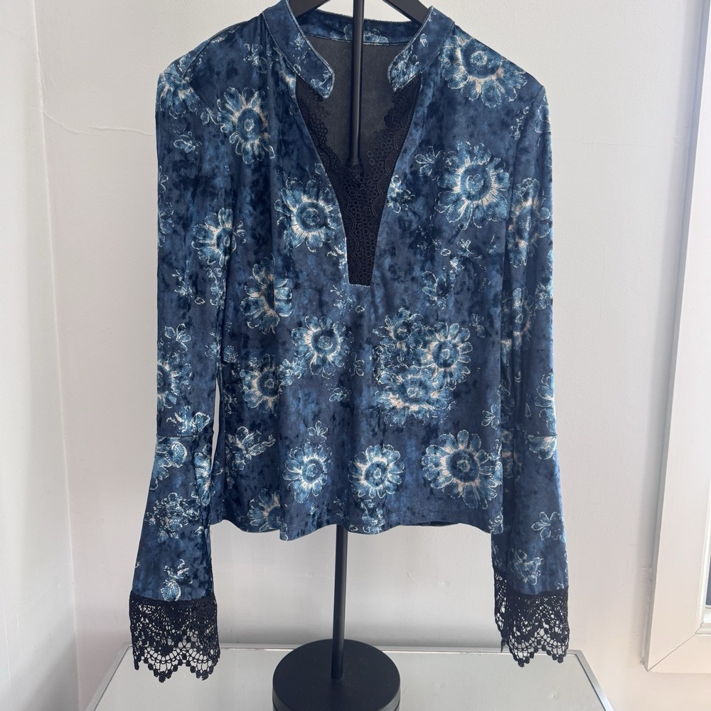 Blue Floral Velvet Top L Lace Trim Bell Sleeve Boho Fairy Grunge Goth Romantic